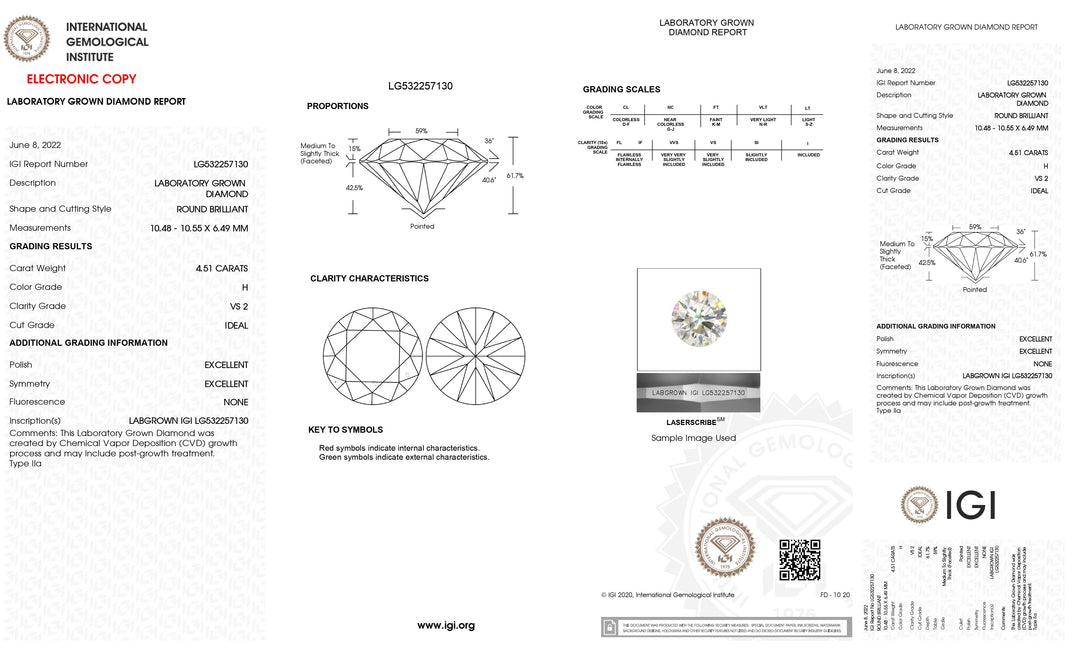 Diamant cultivé en laboratoire, taille ronde, certifié IGI, 4,51 ct, clarté VS2, couleur H