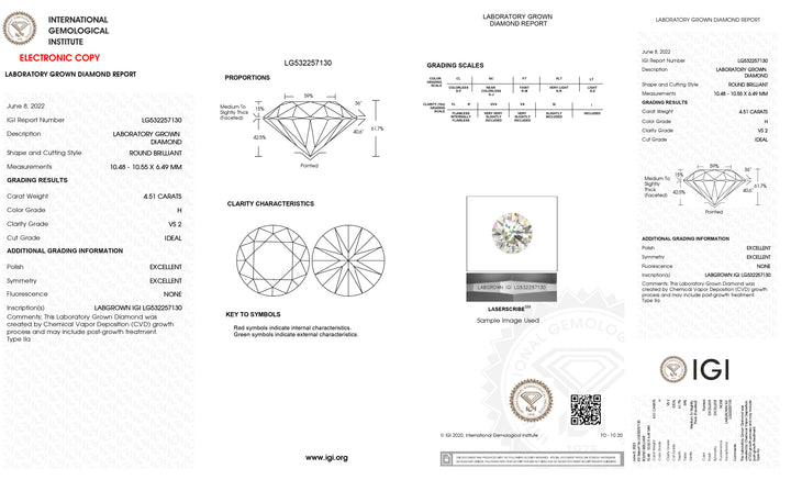 Diamant cultivé en laboratoire, taille ronde, certifié IGI, 4,51 ct, clarté VS2, couleur H