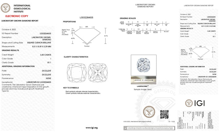 IGI Certified 3.40 CT Cushion Cut Lab-Grown Diamond - I Color, VS1 Clarity