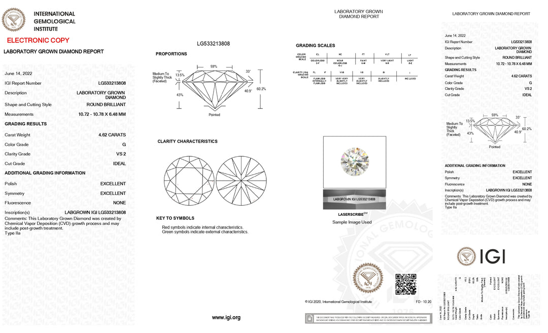 4.62 CT IGI Certified Round Cut Lab-Grown Diamond - G Color, VS2 Clarity