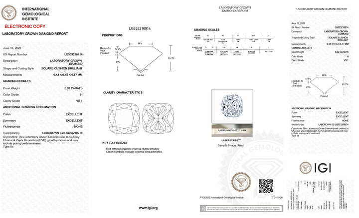 Exquisite 5.02 CT Cushion Cut Lab-Grown Diamond: IGI Certified, VS1 Clarity, H Color