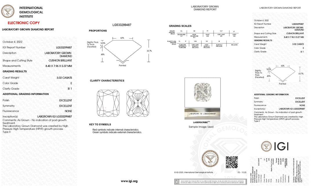 IGI Certified 3.02 CT Cushion Cut Lab-Grown Diamond - SI1 Clarity, E Color