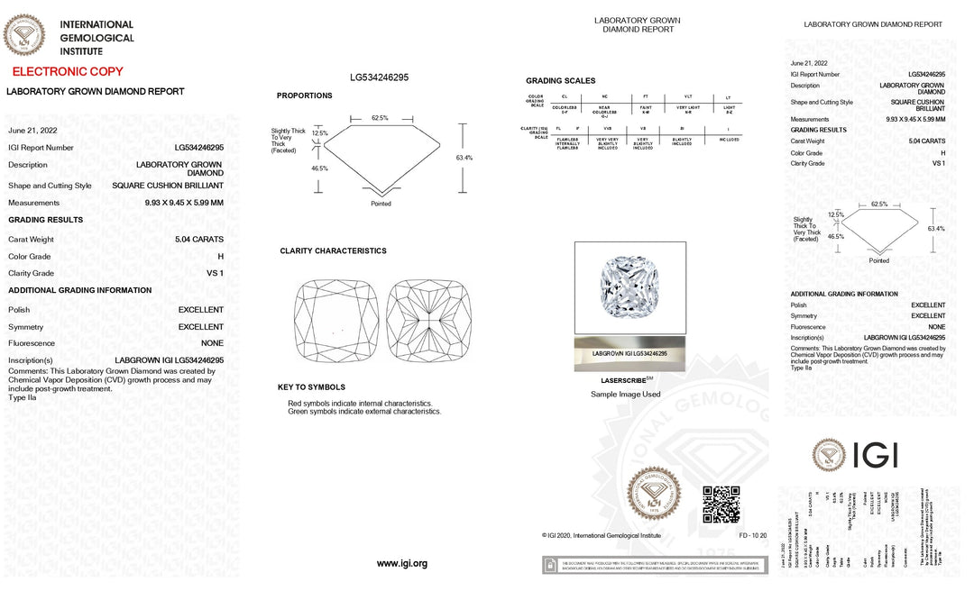 Elegant 5.04 CT Cushion Cut Lab-Grown Diamond: IGI Certified, VS1 Clarity, H Color