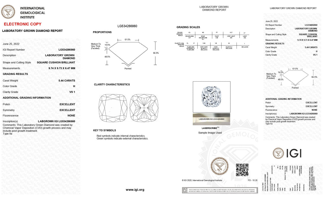 Radiant 5.44 CT Cushion Cut Lab-Grown Diamond: IGI Certified, VS1 Clarity, H Color