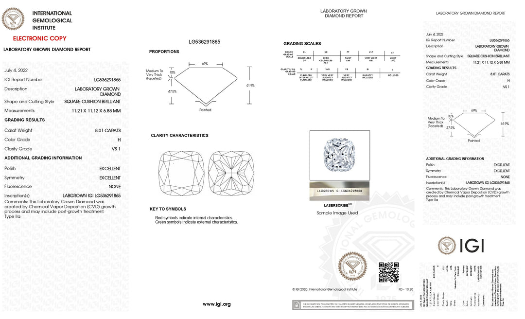 Exquisite 8.01 CT Cushion Cut Lab-Grown Diamond: IGI Certified, VS1 Clarity, H Color