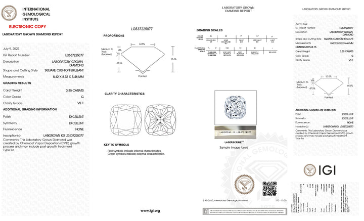 IGI Certified 3.35 CT Cushion Cut Lab-Grown Diamond - G Color, VS1 Clarity