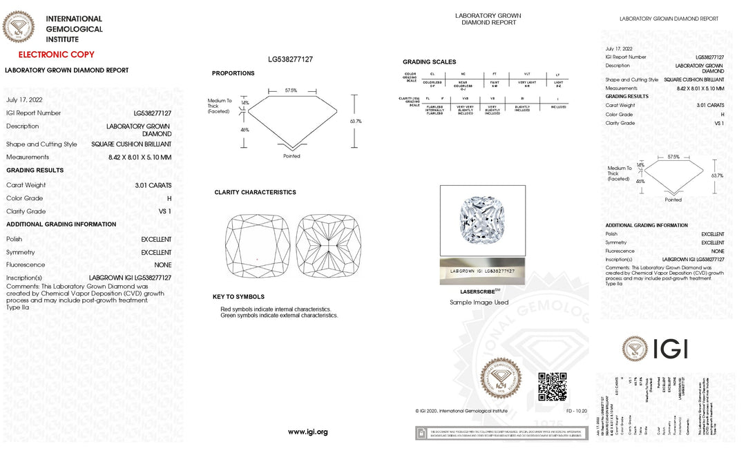 IGI Certified 3.01 Carat Cushion Cut Lab-Grown Diamond, H Color, VS1 Clarity