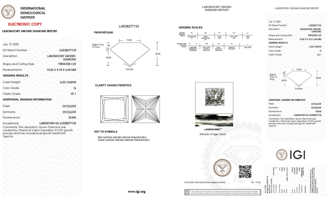 IGI Certified 6.02 Carat Princess Cut Lab-Grown Diamond, G Color, VS1 Clarity