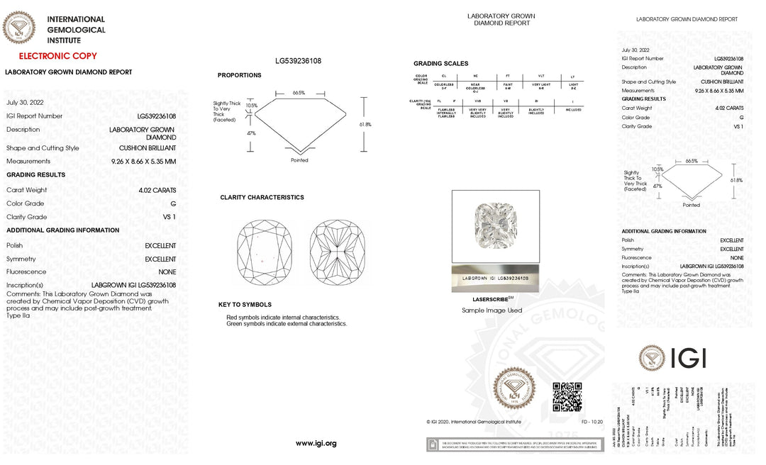 IGI Certified 4.02 CT Cushion Cut Lab-Grown Diamond - VS1 Clarity, G Color