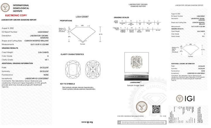 IGI Certified 3.06 CT Cushion Cut Lab Grown Diamond - VS1 Clarity, H Color