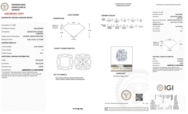 IGI Certified 4.06 CT Cushion Cut Lab-Grown Diamond - VS1 Clarity, H Color