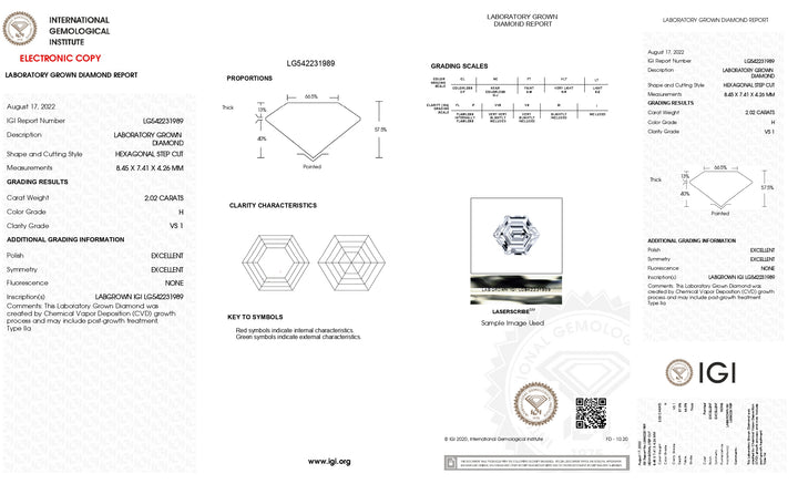 IGI Certified 2.02 CT Lab Grown Diamond, Hexagonal Cut, H Color, VS1 Clarity