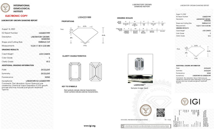 Diamante cultivado en laboratorio de talla esmeralda de 4,03 quilates con certificación IGI: claridad VS2, color E