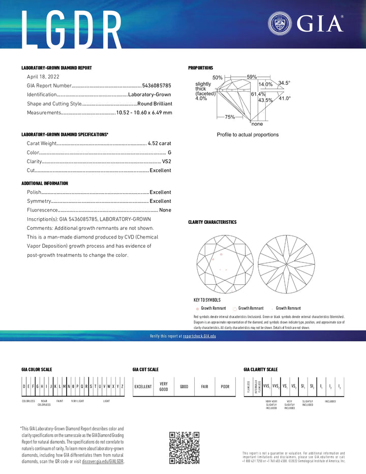 Diamant cultivé en laboratoire certifié GIA, 4,52 ct, taille ronde, clarté VS2, couleur G