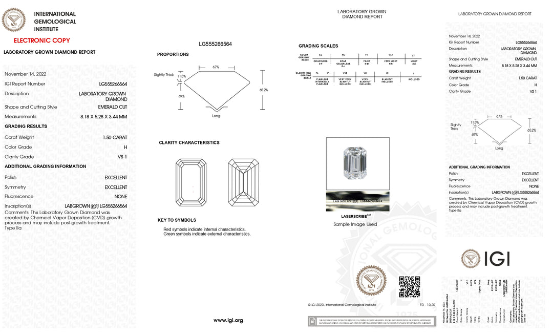 1.00 CT H Color Emerald Cut Lab-Grown Diamond - IGI Certified, VS1 Clarity