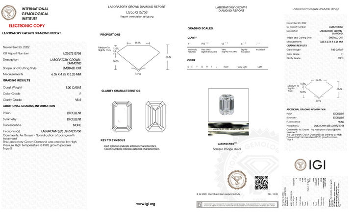 IGI Certified 1.00 CT Emerald Cut Lab Grown Diamond - F Color, Brilliant VS2 Clarity