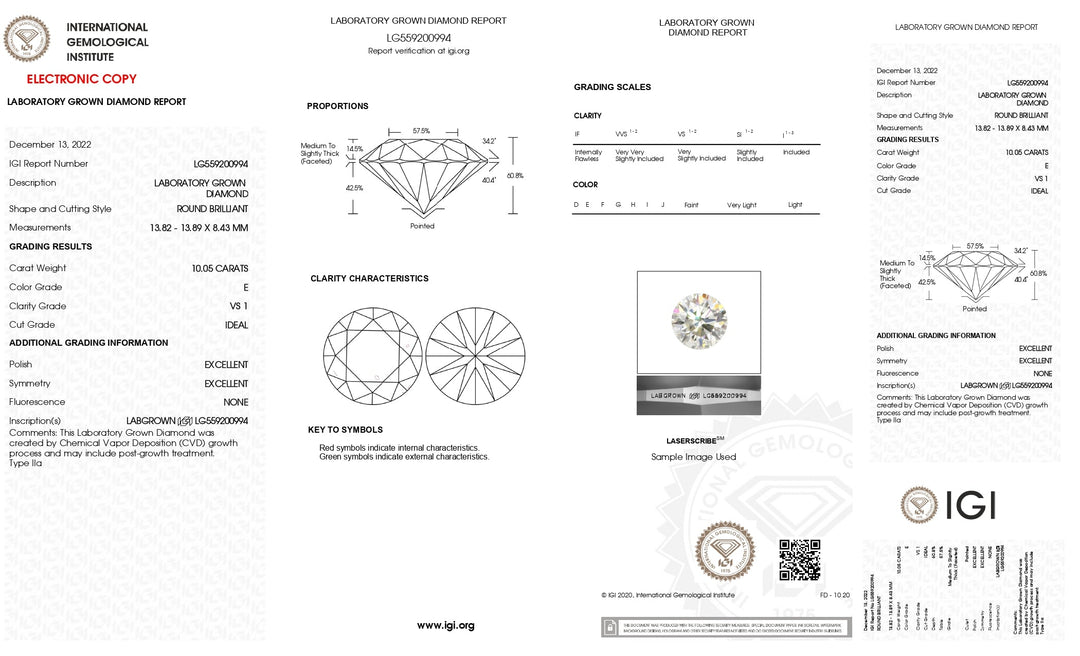 IGI Certified 10.05 CT Round Lab Grown Diamond - VS1 Clarity, E Color