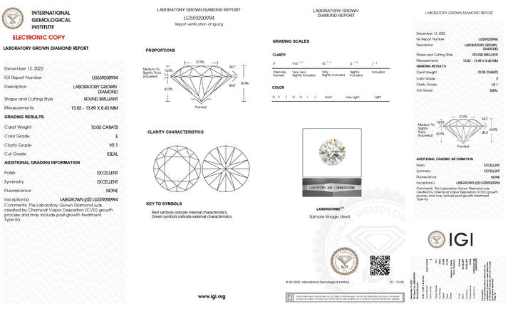 Diamant rond cultivé en laboratoire certifié IGI de 9,23 ct - Couleur E, clarté VS1