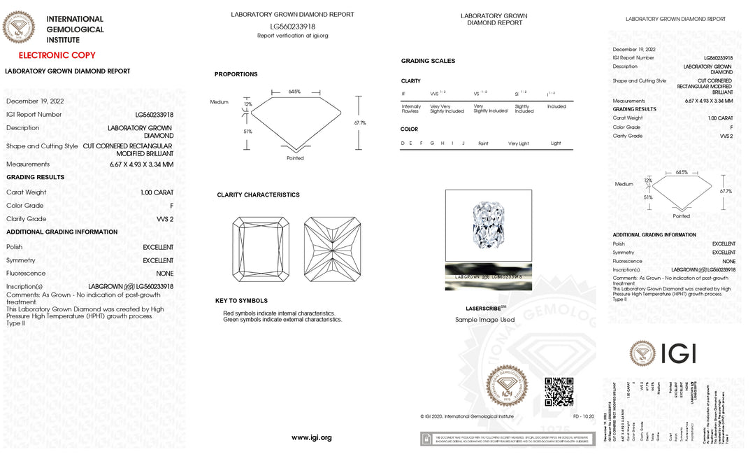 IGI Certified 1.00 CT Radiant Lab Grown Diamond - F Color, VVS2 Clarity