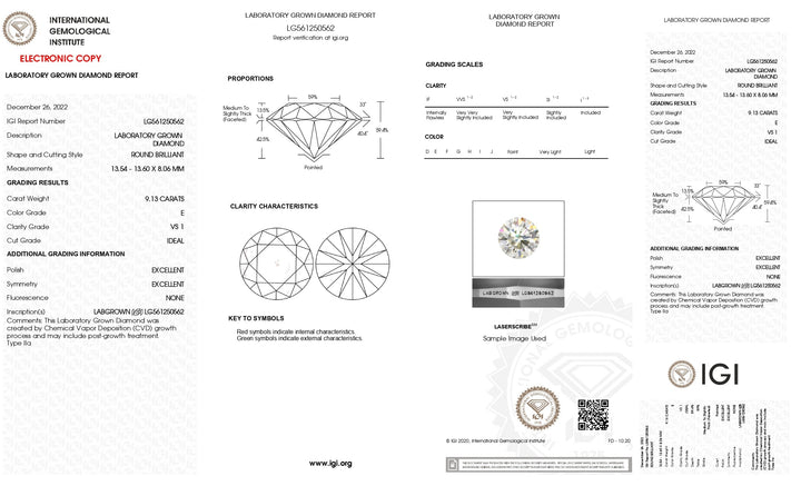 IGI Certified 9.13 CT Round Lab-Grown Diamond - E Color, VS1 Clarity