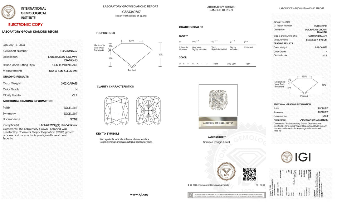 Diamante cultivado en laboratorio de talla cojín de 3,02 quilates con certificación IGI, color H, claridad VS1