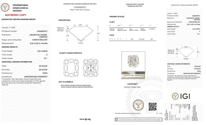 Diamante cultivado en laboratorio de talla cojín de 3,02 quilates con certificación IGI, color H, claridad VS1