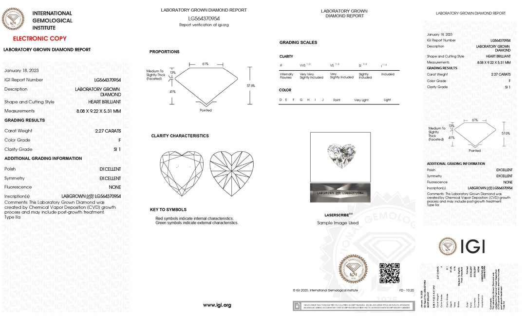 IGI Certified 2.27 CT Lab Grown Diamond, Heart Cut, F Color, SI1 Clarity