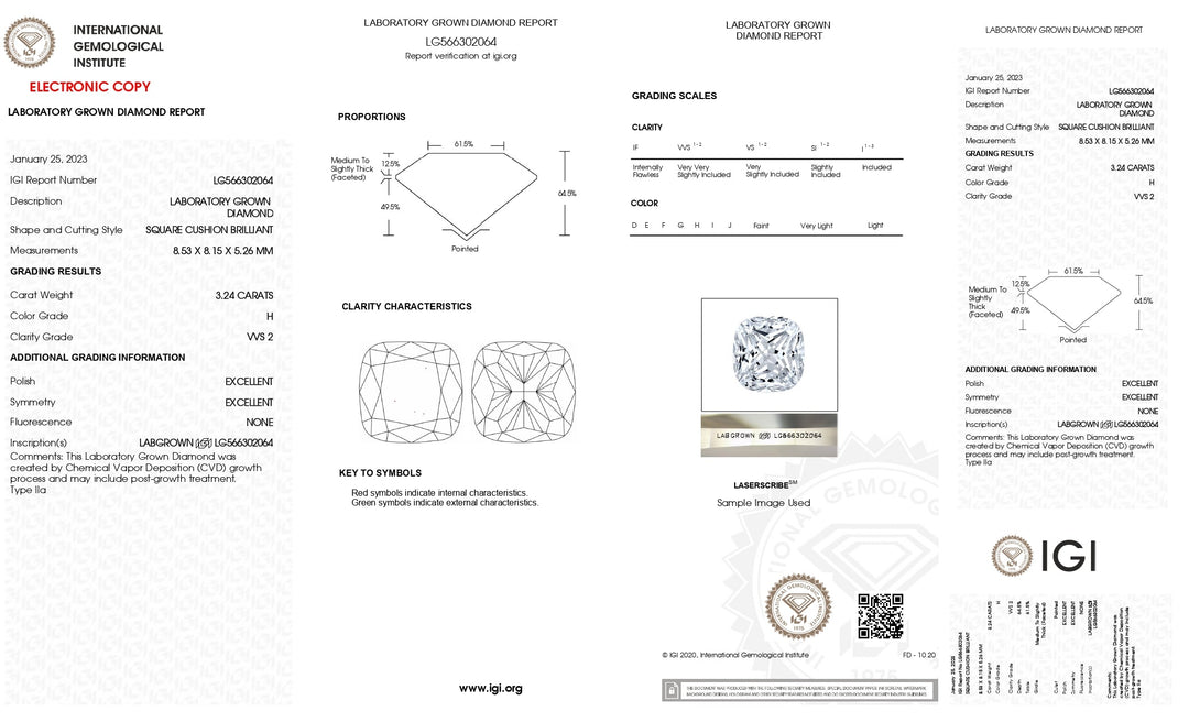 IGI Certified 3.24 CT Cushion Cut Lab-Grown Diamond, H Color, VVS2 Clarity