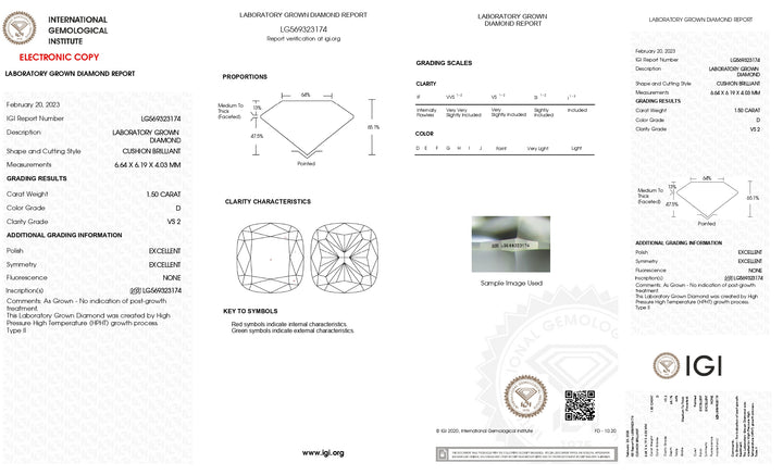 Diamante cultivado en laboratorio de talla cojín refinado de 1,50 quilates, con certificación IGI, color D, claridad VS2