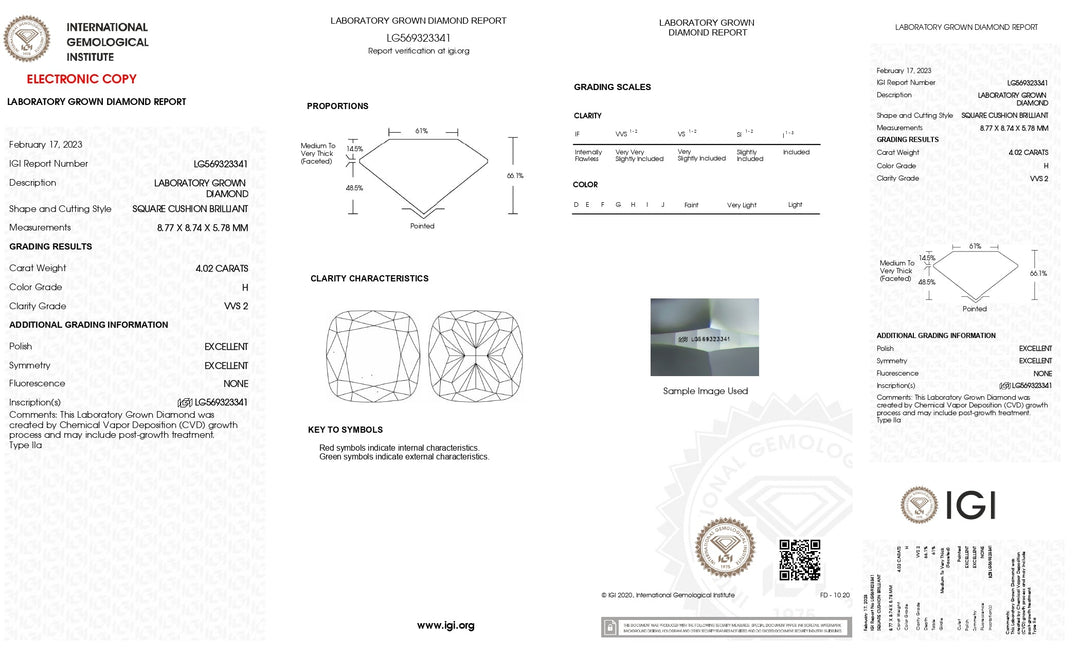 Exquisite 4.02 CT Cushion Cut Lab-Grown Diamond: IGI Certified, VVS2 Clarity, H Color