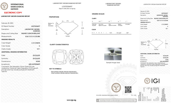 IGI Certified 3.12 CT Cushion-Cut Lab-Grown Diamond - H Color, VS1 Clarity