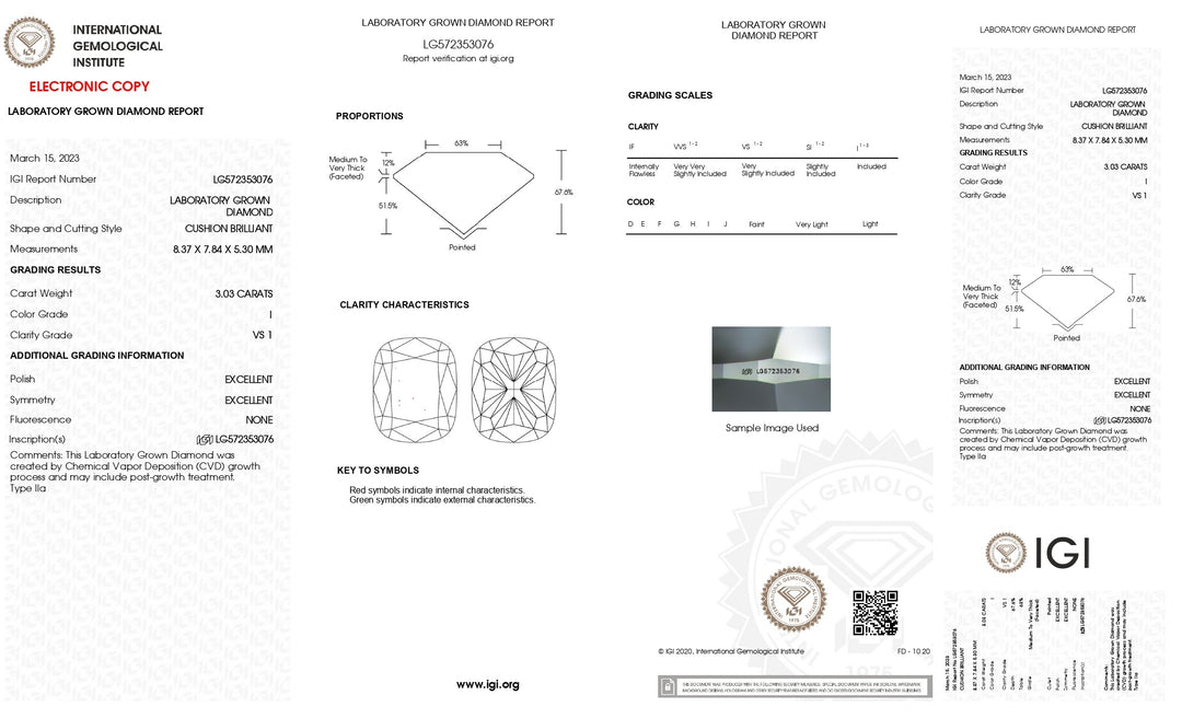 IGI Certified 3.03 CT Cushion Cut Lab-Grown Diamond - I Color, VS1 Clarity