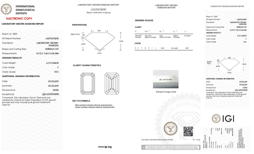 IGI Certified 4.19 CT Emerald Cut Lab-Grown Diamond - VS2 Clarity, F Color