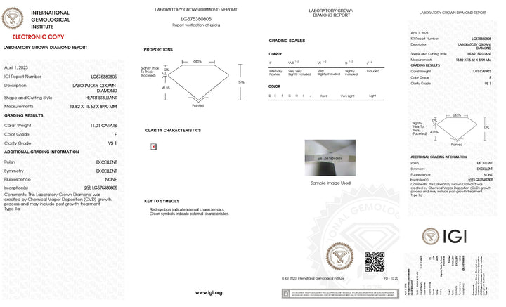 Exquisite 11.01 CT Heart-Cut Lab-Grown Diamond | IGI Certified | VS1 Clarity | F Color