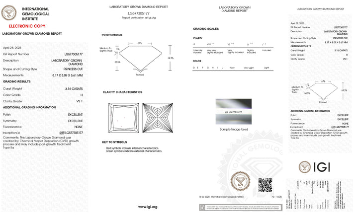 Diamante cultivado en laboratorio de talla princesa de 3,16 quilates con certificación IGI: claridad VS1, color H