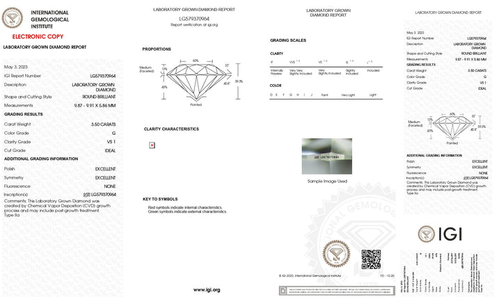 IGI Certified 3.50 CT Round Cut Lab Grown Diamond - G Color, VS1 Clarity