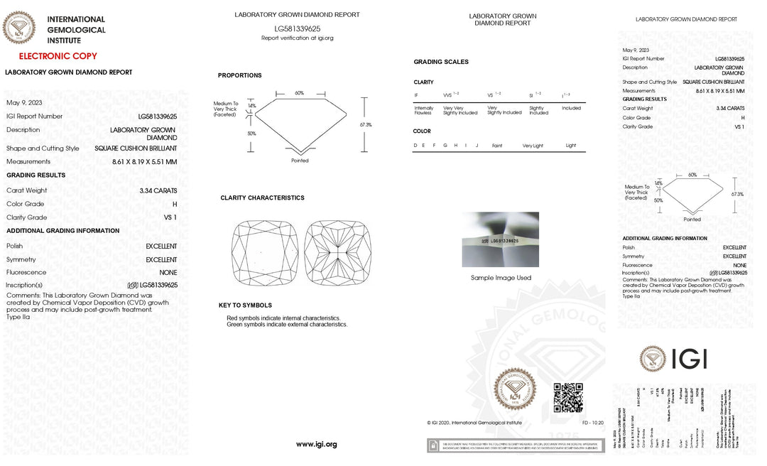 IGI Certified 3.34 CT Cushion Cut Lab-Grown Diamond - H Color, VS1 Clarity