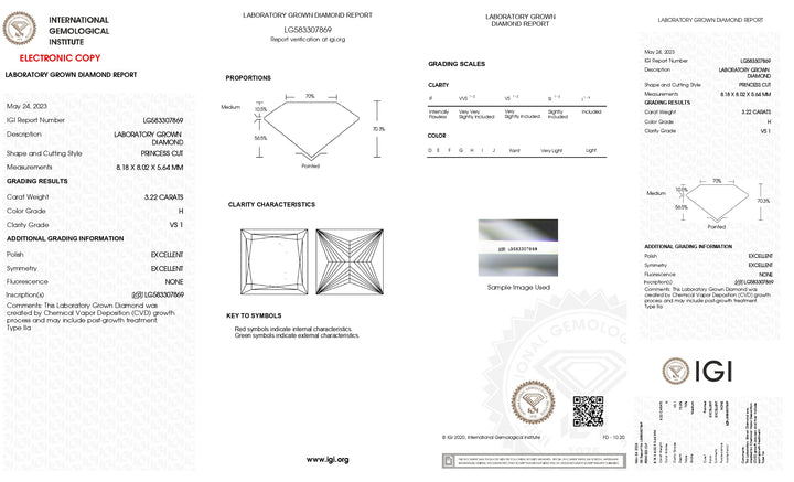 IGI Certified 3.22 CT Princess Cut Lab-Grown Diamond - VS1 Clarity, H Color