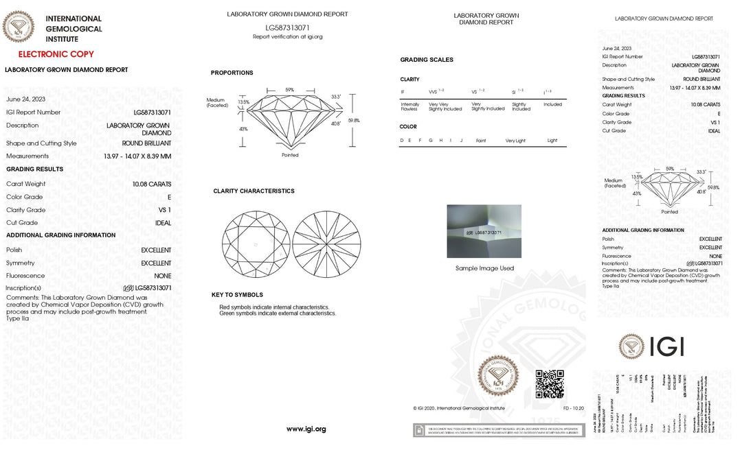 IGI Certified 10.08 Carat Round Cut Lab-Grown Diamond - VS1 Clarity, E Color