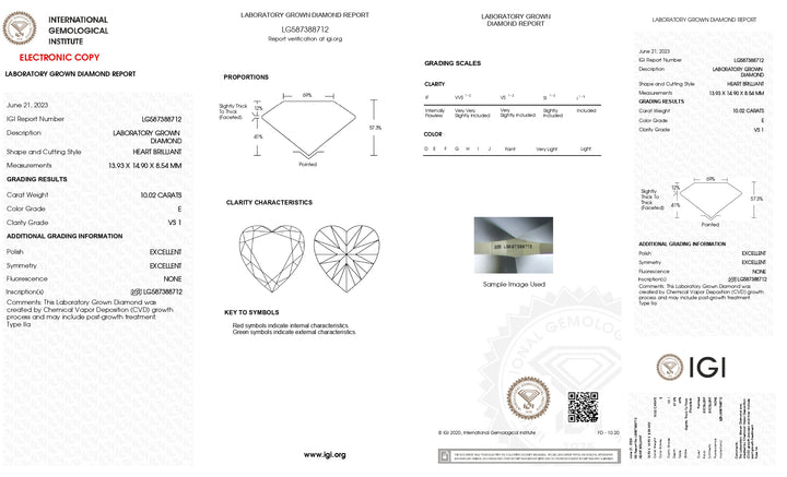 IGI Certified 10.02 CT Heart Cut Lab-Grown Diamond, E Color, VS1 Clarity