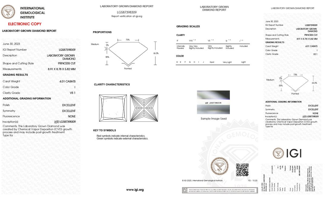 Diamante cultivado en laboratorio de talla princesa de 4,01 quilates con certificación IGI: claridad VS1, color I