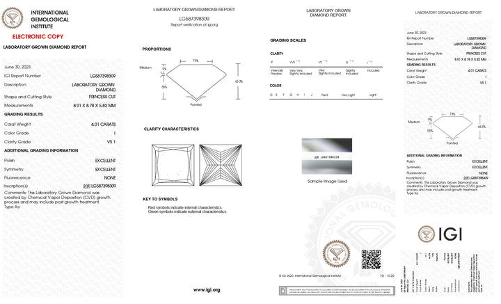 Diamante cultivado en laboratorio de talla princesa de 4,01 quilates con certificación IGI: claridad VS1, color I