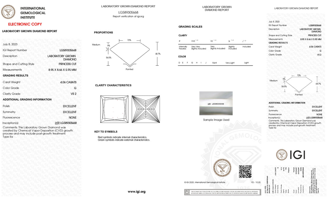 Diamante cultivado en laboratorio de talla princesa de 4,06 quilates con certificación IGI: color G, claridad VS2