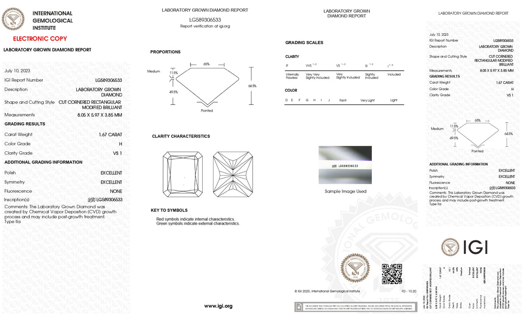 Diamant cultivé en laboratoire de 1,67 carat certifié IGI (couleur H, clarté VS1)