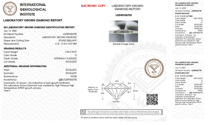 IGI Certified 0.50 CT Round Lab-Grown Diamond | Internally Flawless (IF) | D Color