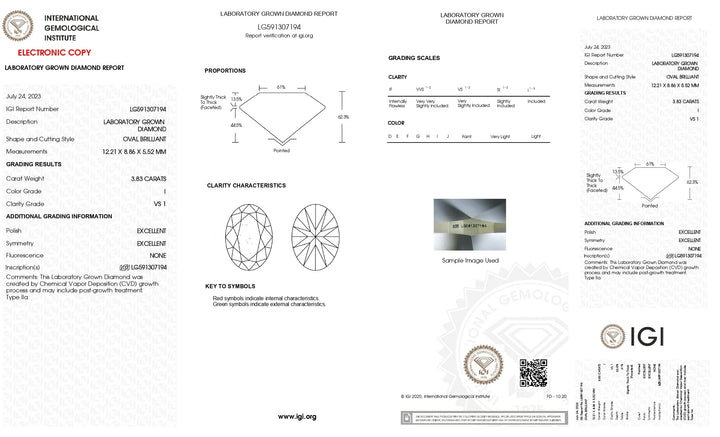 Diamante cultivado en laboratorio de talla ovalada de 3,83 quilates con certificación IGI | Claridad VS1 | Color I