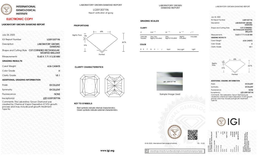 Exquisito diamante cultivado en laboratorio de talla radiante de 4,06 quilates con certificación IGI: claridad VS1, grado de color H