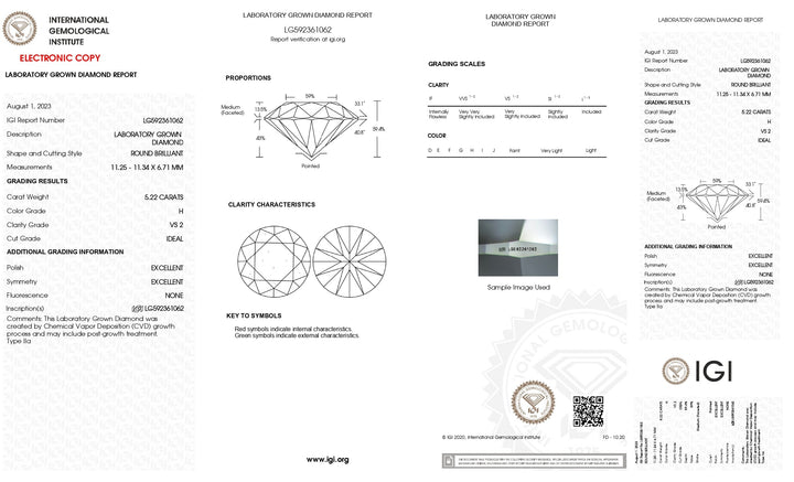 IGI Certified 5.22 CT Round Lab-Grown Diamond - H Color, VS2 Clarity