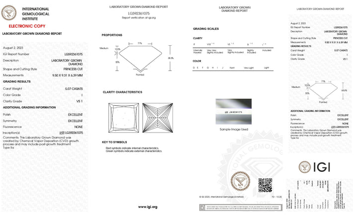 IGI Certified 5.07 Carat Princess Cut Lab-Grown Diamond, I Color, VS1 Clarity