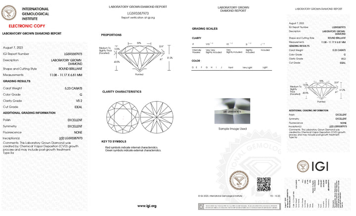 Diamante cultivado en laboratorio de talla redonda de 5,23 quilates con certificación IGI: claridad VS2, color G